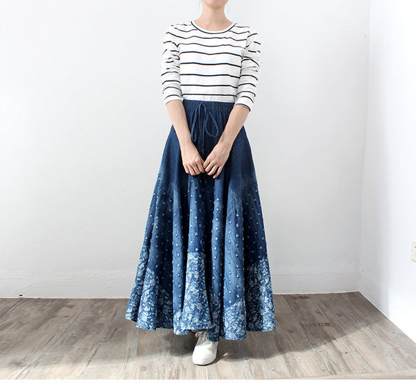 Denim Skirt, Half-length, Large-length Skirt, Printed High-waisted Skirt