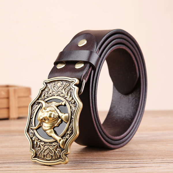 Cow Head Copper Buckle Belt Cowhide Smooth Buckle Belt